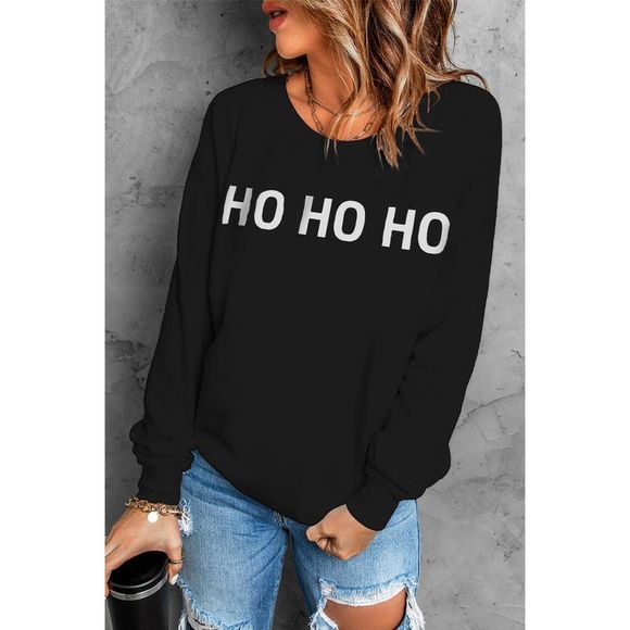 Azura Exchange  Black HO HO HO Print Long Sleeve Pullover Sweatshirt - Picture 3 of 6